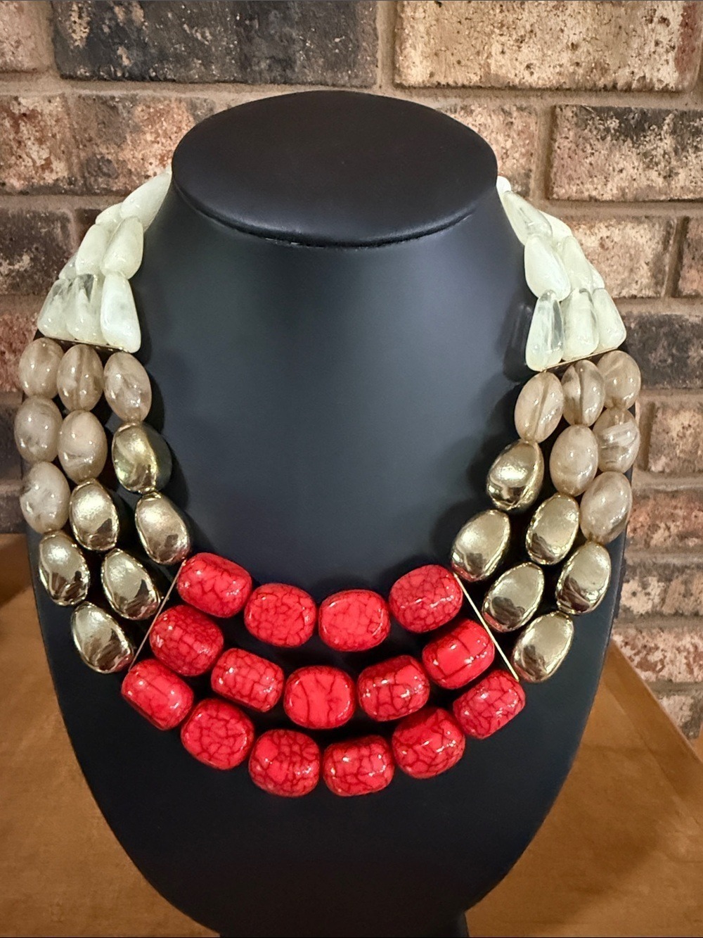 Vintage Red Gold and Neutral Tone Beaded Statement Necklace